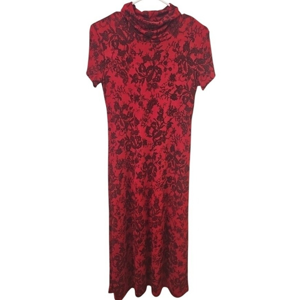 En Focus Studios Red Black Floral Paisley Cowl Neck Maxi Dress Short Sleeve  L